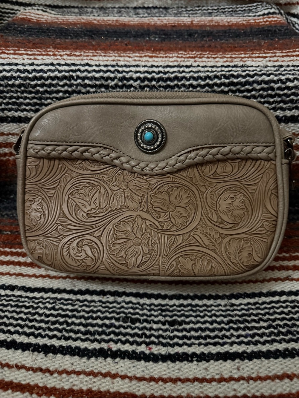 Taupe Floral Embossed Crossbody Bag with Turquoise Accent